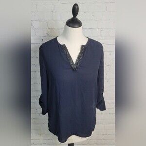 41 Hawthorn Women's Navy Blouse Tunic Top Roll Tab Sleeve V Neck Career No Size